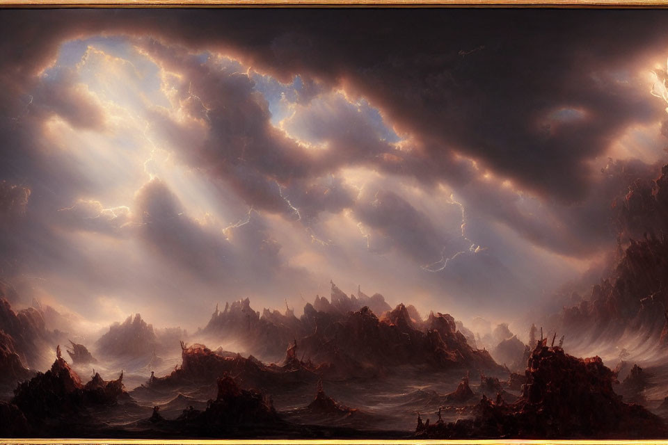 Dramatic landscape painting: cloudy skies, light rays, dark mountains