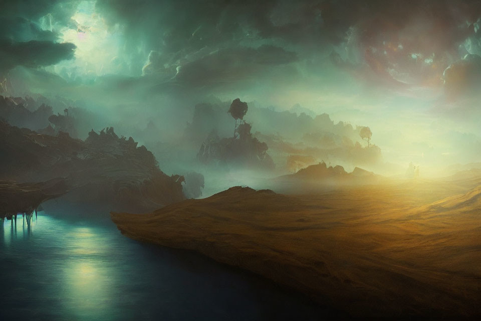 Mystical landscape with serene river, foggy terrains, and dramatic sky