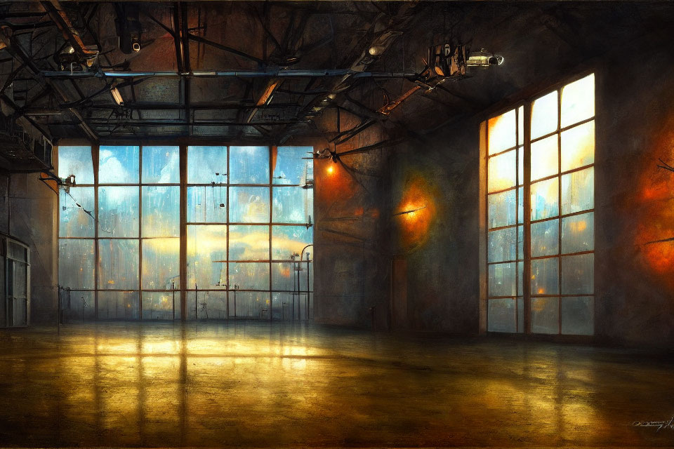 Empty industrial loft with large windows and polished concrete floor in sunset light