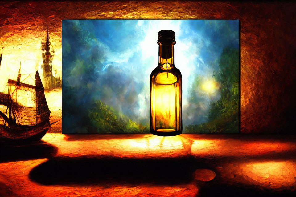 Colorful digital artwork featuring glass bottle, sailing ship, and abstract background.