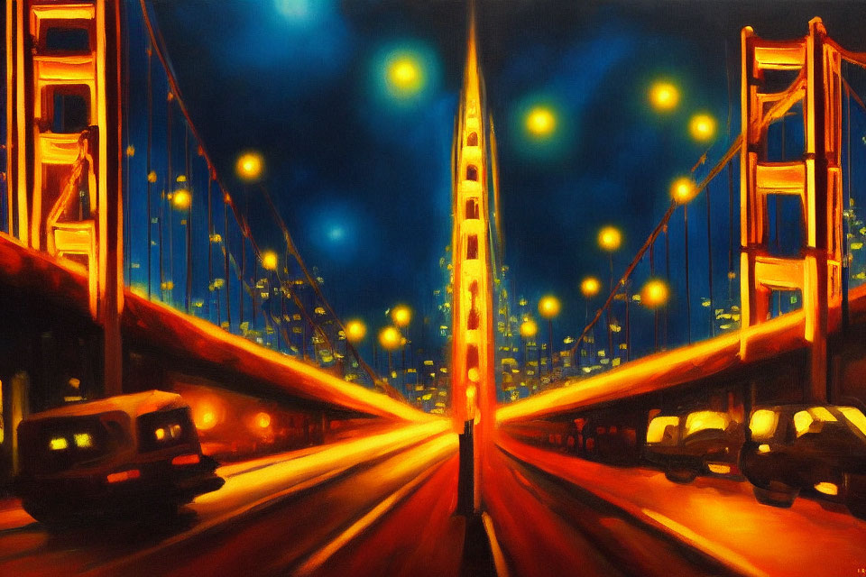 Vibrant illuminated bridge at night with glowing street lights