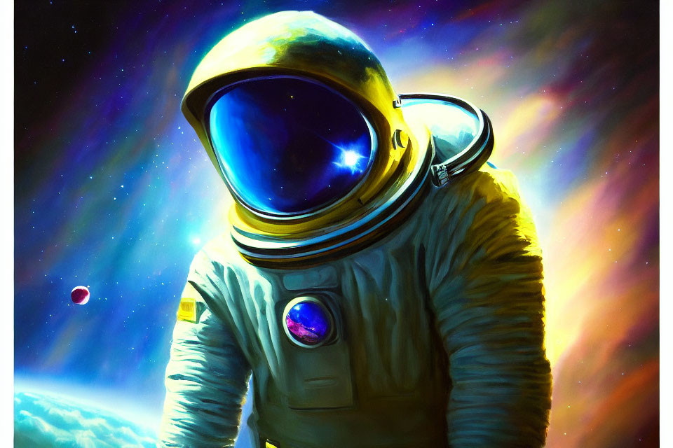 Colorful digital painting of astronaut in gold and white suit against space backdrop.