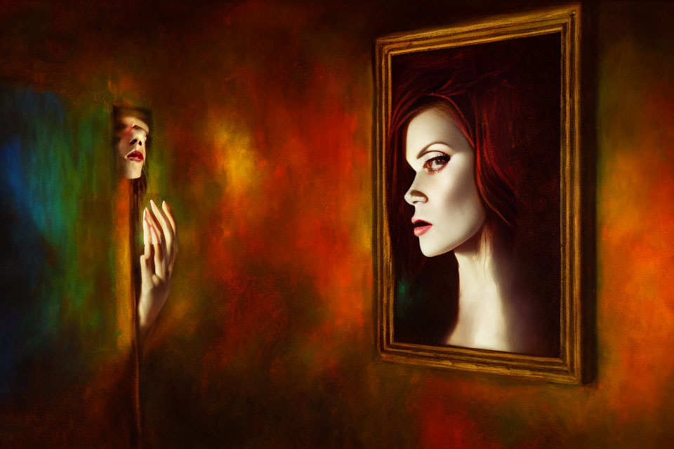 Surreal portrait of woman gazing at framed profile on fiery background