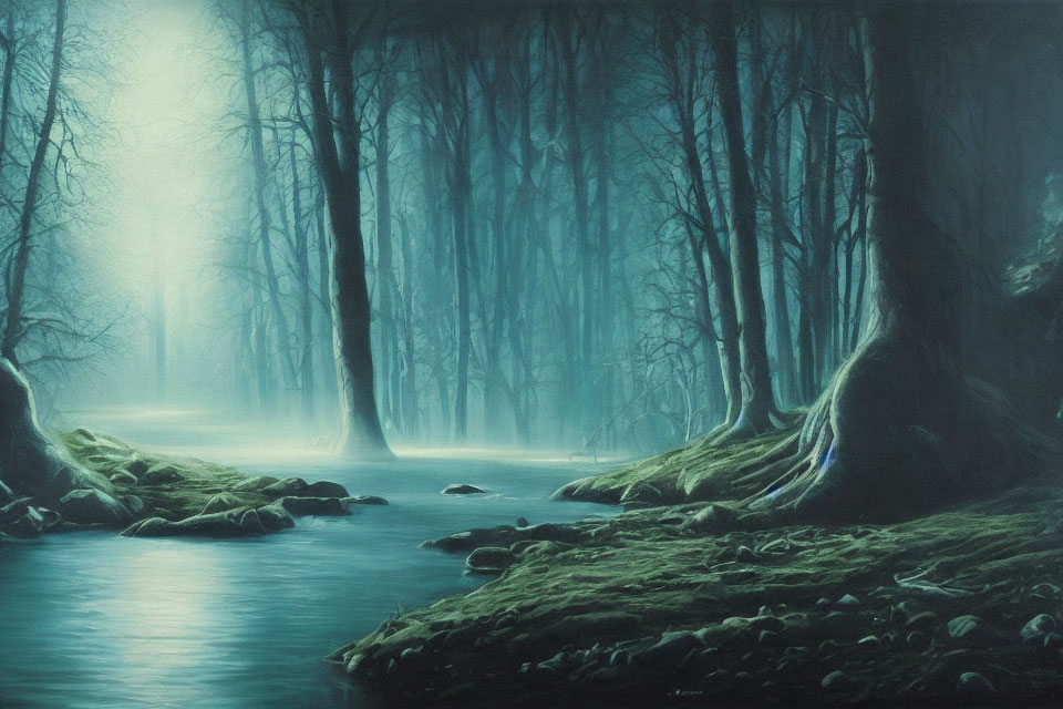 Tranquil forest scene with mist, serene water, and large trees in soft blue light