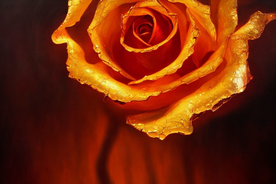 Vibrant orange rose with golden edges on blurred amber background