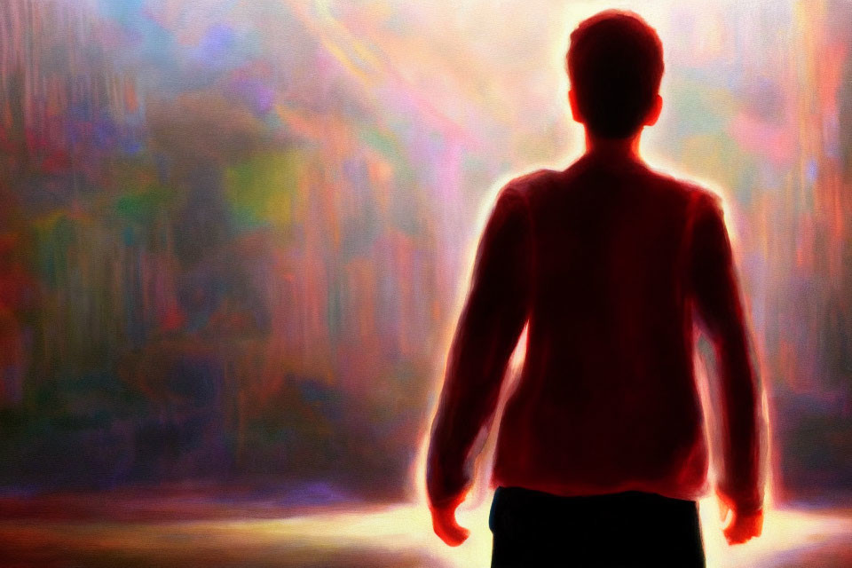 Silhouette of person against vibrant, warm-hued abstract background