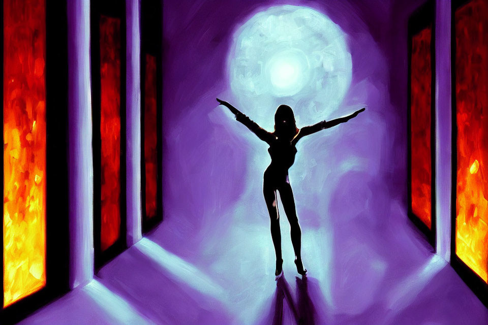 Figure with outstretched arms in glowing corridor with white orb