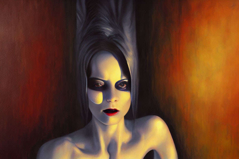 Stylized portrait of woman with dramatic makeup on fiery background