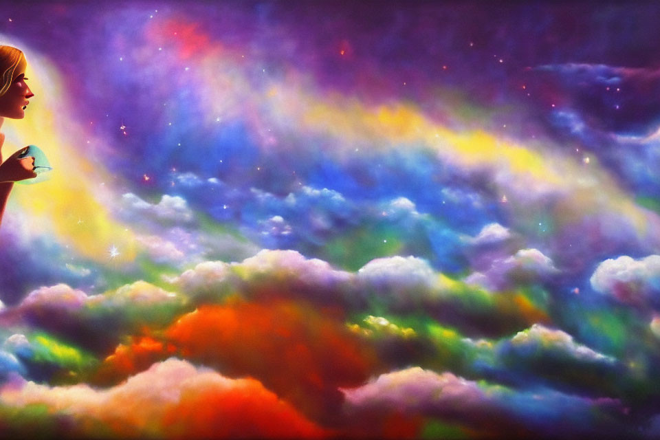 Colorful Cosmic Sky Painting with Woman's Silhouette