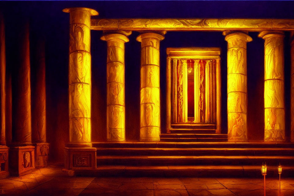 Digital painting of ancient temple with ornate columns and warm glowing light.