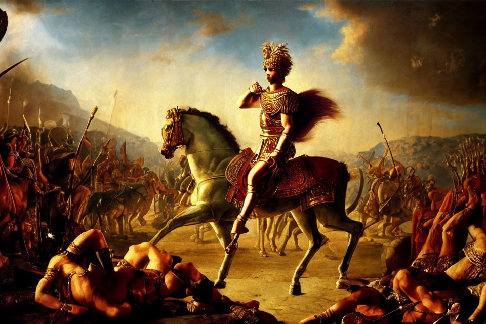 Historical warrior on horseback in battlefield painting