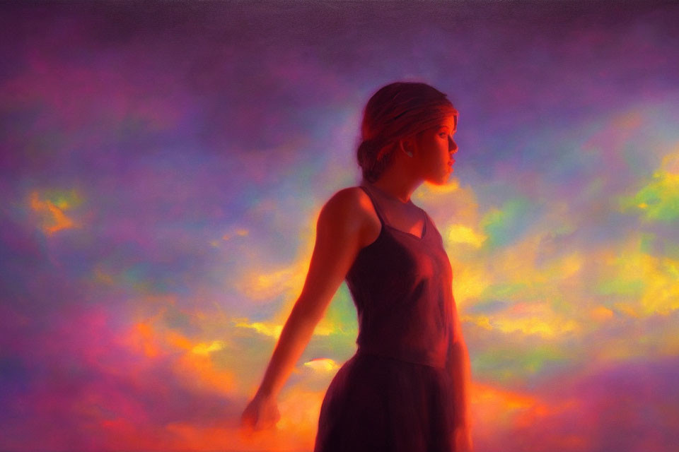 Dreamy Multicolored Haze Surrounds Contemplative Woman