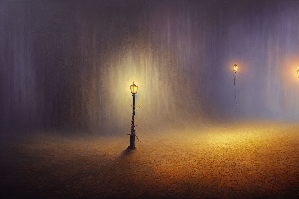 Misty Cobblestone Street at Night with Glowing Streetlamps