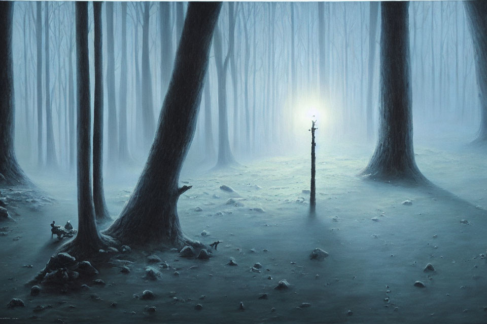 Ethereal forest scene with towering trees and glowing lamppost