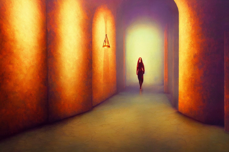 Silhouette of person in orange-lit corridor with arched ceilings