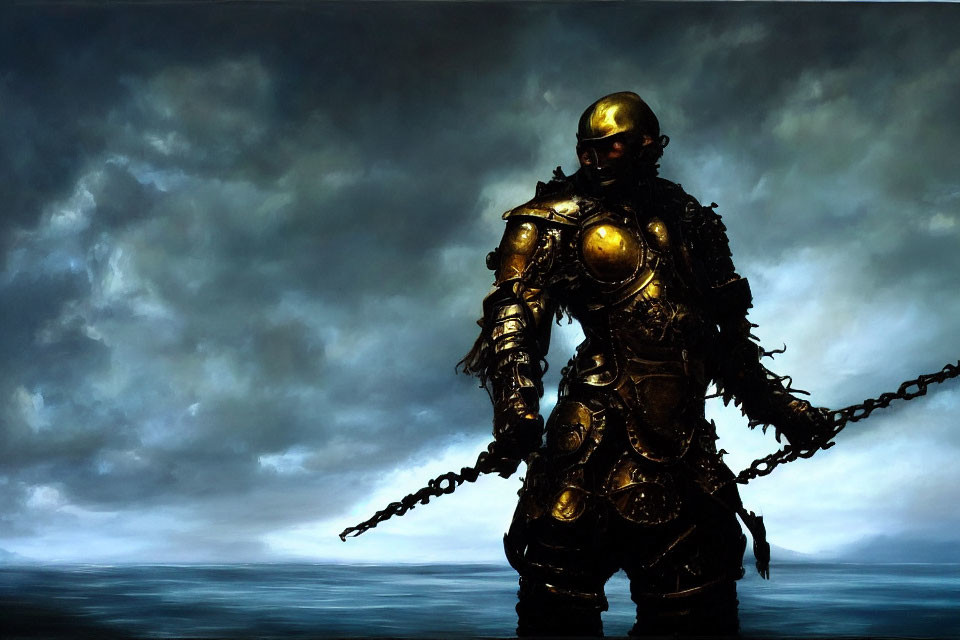 Person in ornate armor on shoreline under stormy sky with chains.