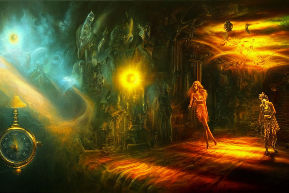 Surreal Fantasy Painting with Glowing Woman, Armored Skeleton, and Pocket Watch