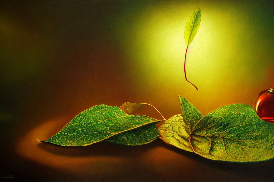 Floating leaf above resting leaves and red object on warm backdrop.