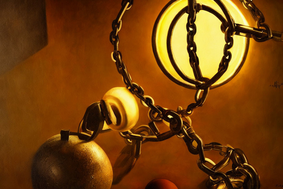 Abstract oil painting: cannonball, pacifier, metal ring in warm light