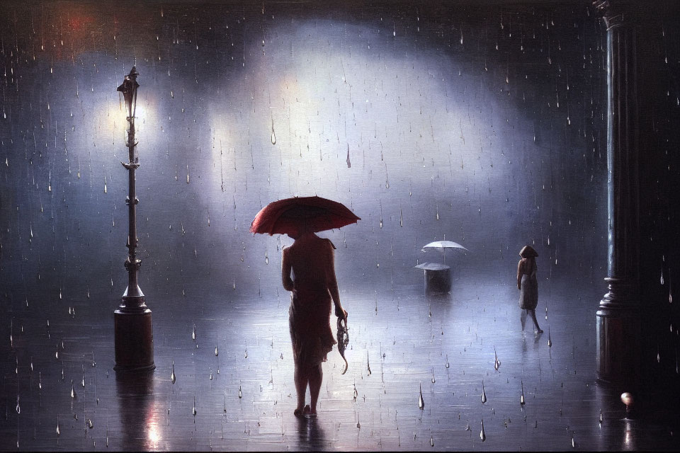 Red and white umbrella people walking on rainy street next to lamppost