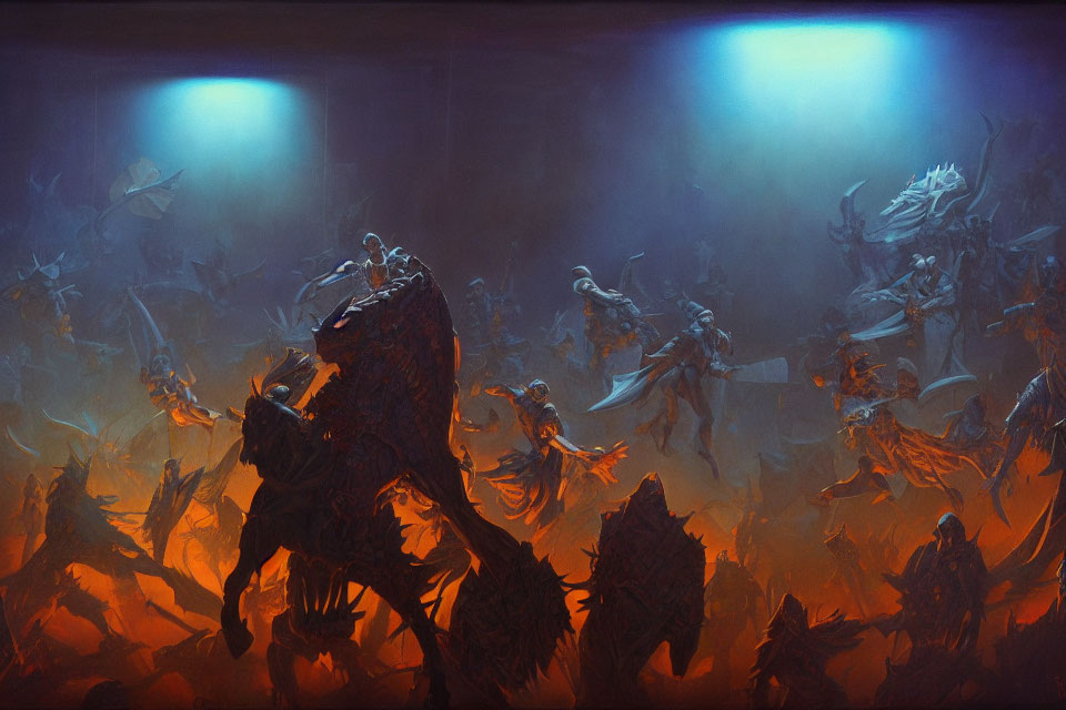 Fantasy Battle Scene with Glowing Lights and Warriors