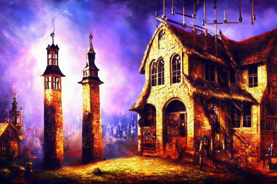 Fantasy painting of stone building with turrets and banners