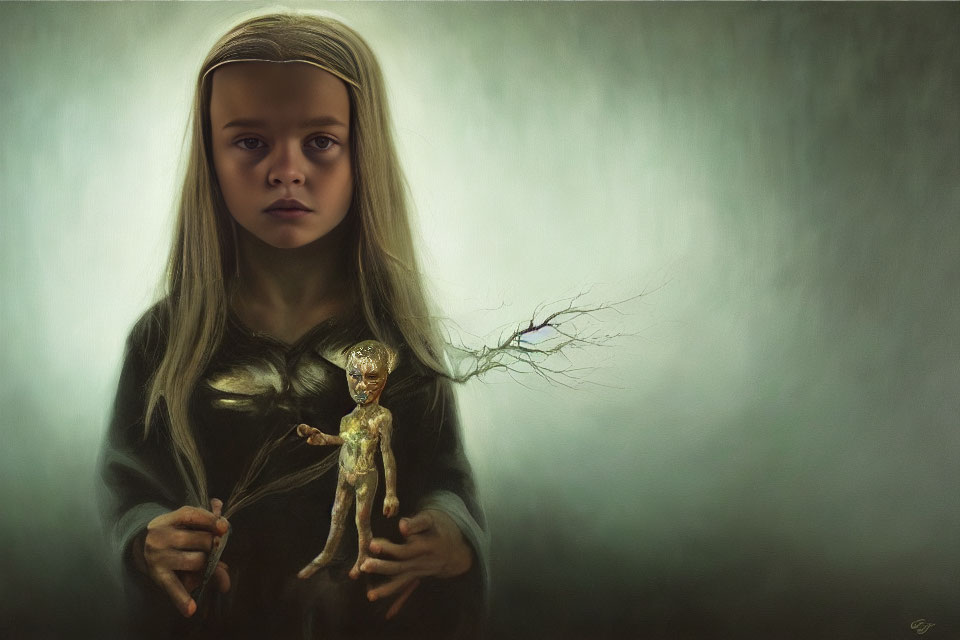 Blonde girl holding branch with small humanoid figure on dark background