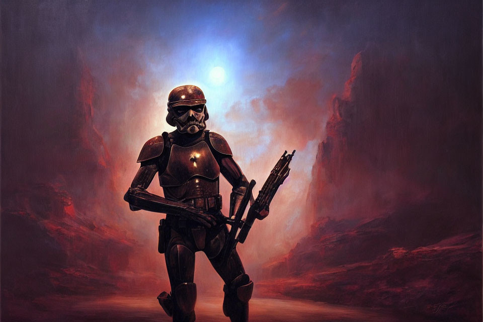 Futuristic soldier in reddish-brown armor on alien planet with dual suns