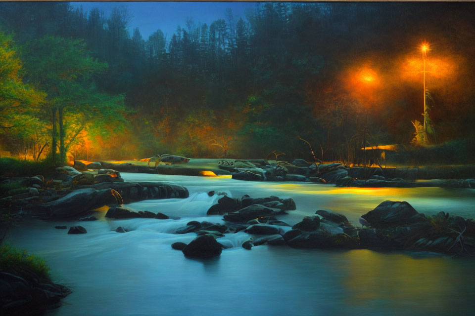 Tranquil twilight landscape with river, rocks, trees, and streetlights