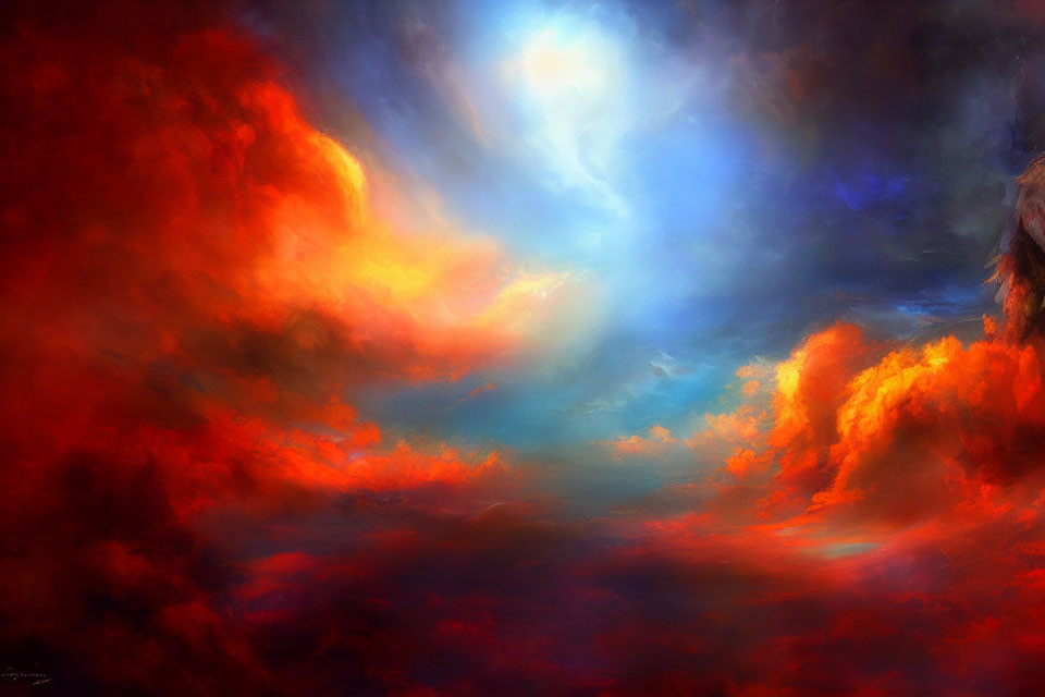 Vivid painting of fiery orange clouds in dramatic sky