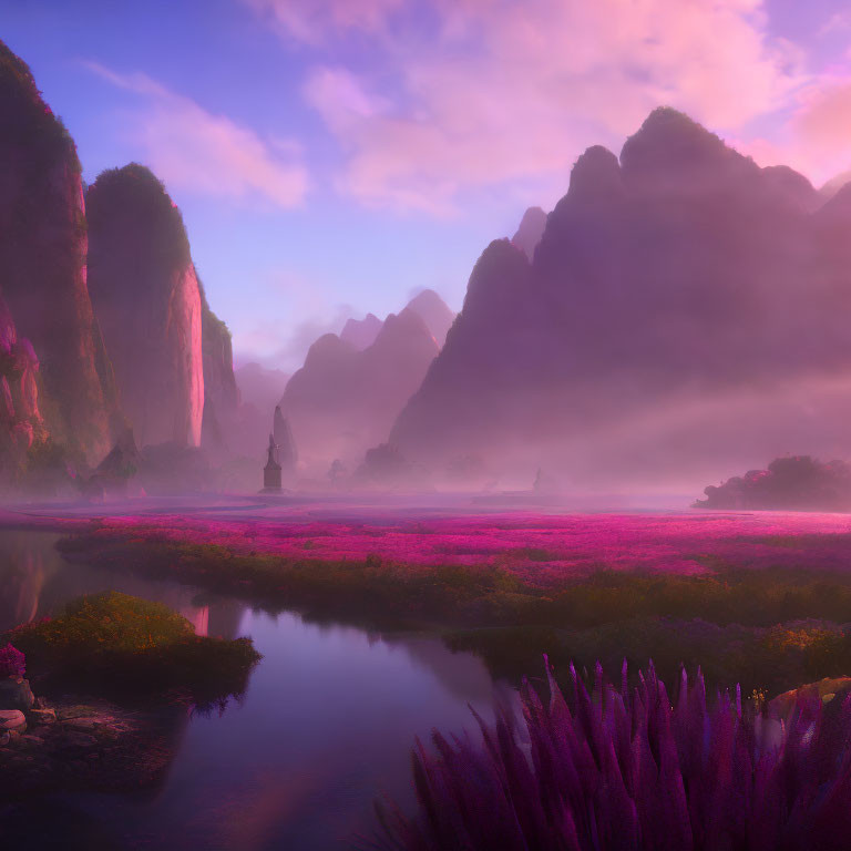 Tranquil dusk landscape with misty waterway, purple flora, and green cliffs