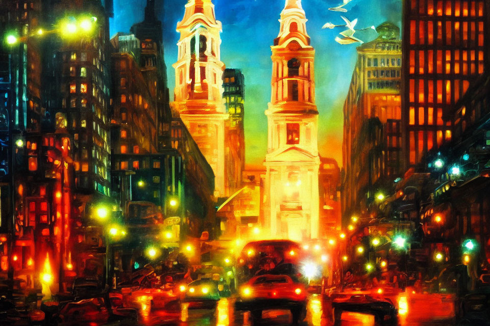 Impressionistic cityscape at night with illuminated buildings and bustling traffic