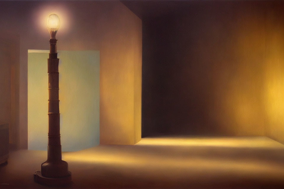 Surreal painting of glowing lightbulb on segmented lamp post