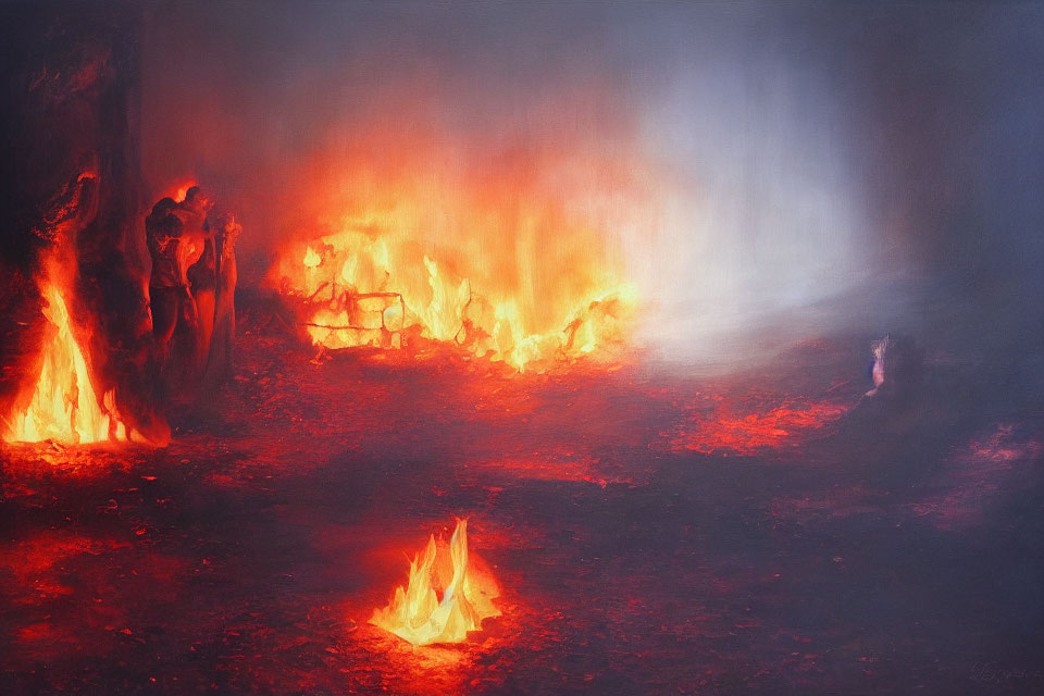 Intense painting with fiery flames and shaded figures