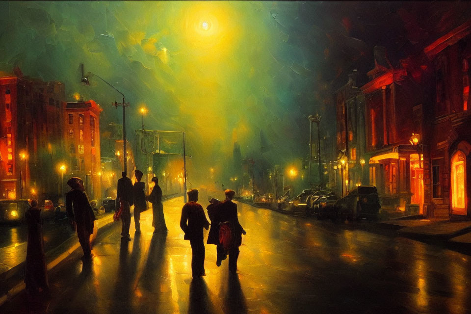 Night cityscape painting with people walking on wet street under streetlights