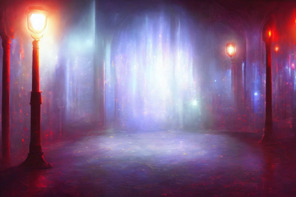 Enchanted foggy scene with colorful lights, lamppost, and archway