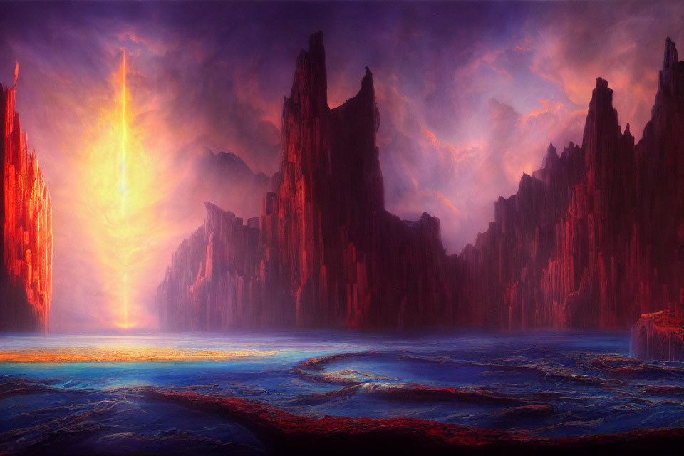 Majestic crimson cliffs, glowing light, mist, and blue river landscape