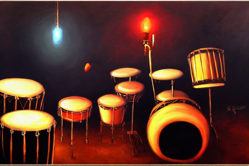 Dramatic drum set painting with dark background and glowing snare drum