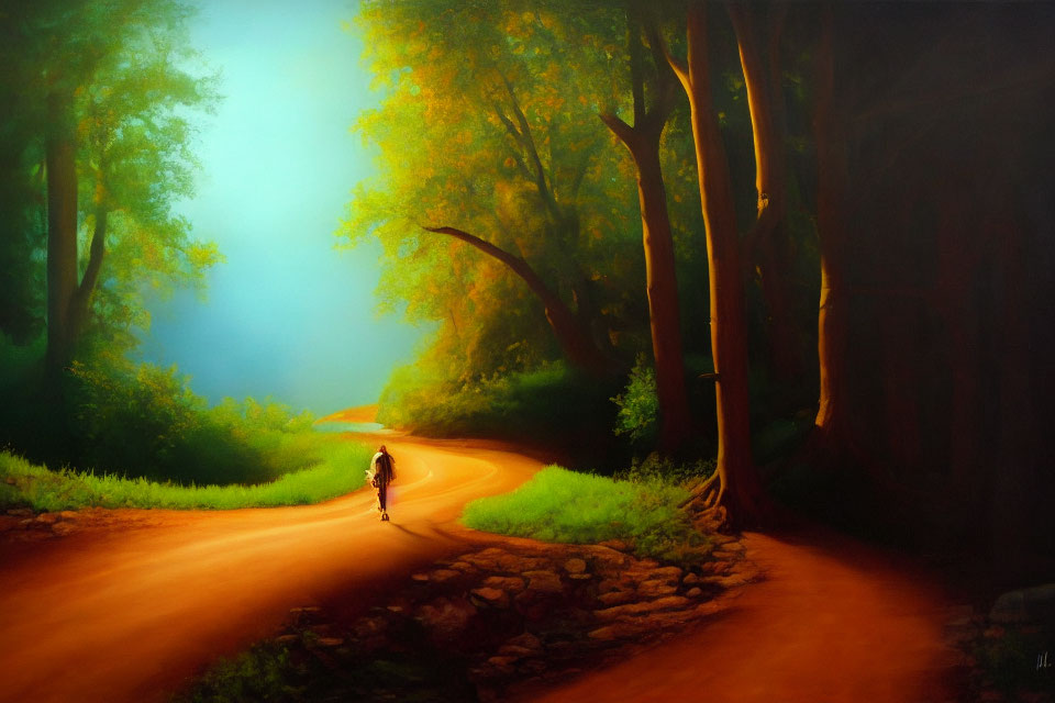 Tranquil scene: person walking on sunlit path with misty trees