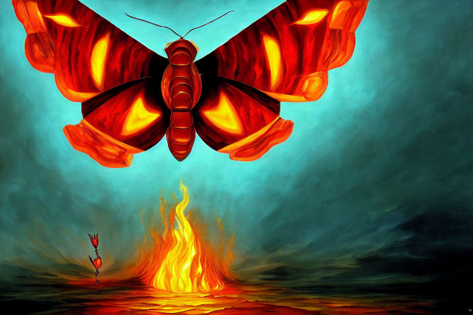 Stylized butterfly with red and orange wings above flame on teal background