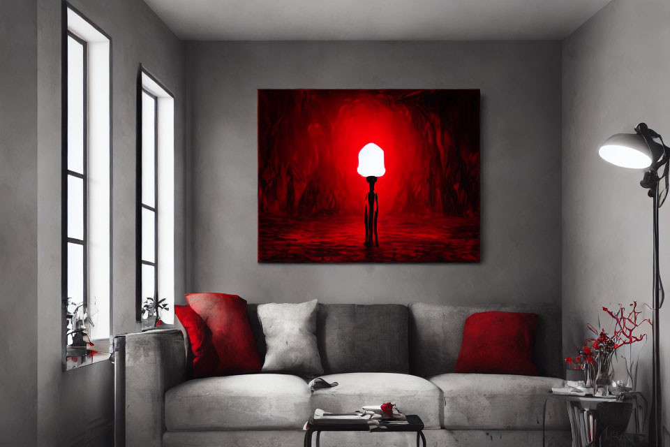 Modern Living Room with Grey Sofa and Eerie Red Painting