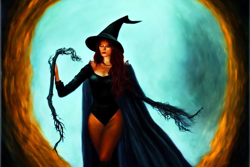 Red-haired witch with staff, black hat, and cape under moon.