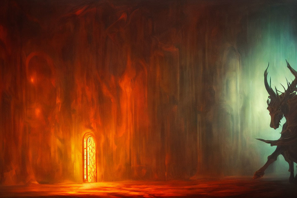 Shadowy horned creature in fiery cavernous landscape with glowing door