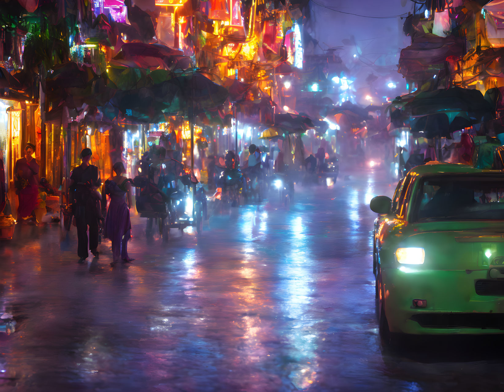 Colorful Night Market Street Scene in Rainy Weather