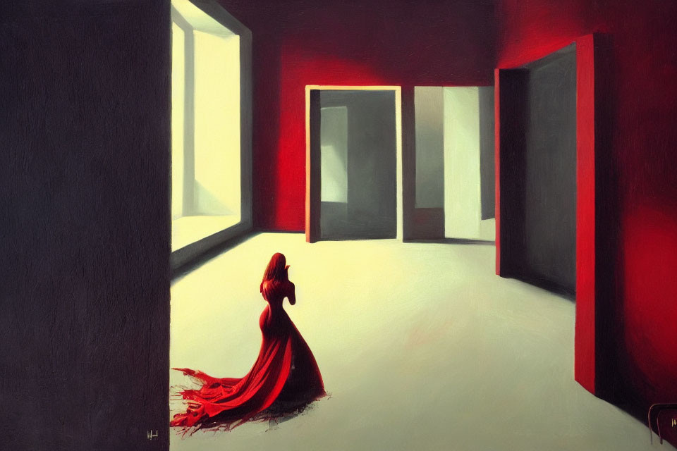 Woman in red dress in empty room with dramatic lighting