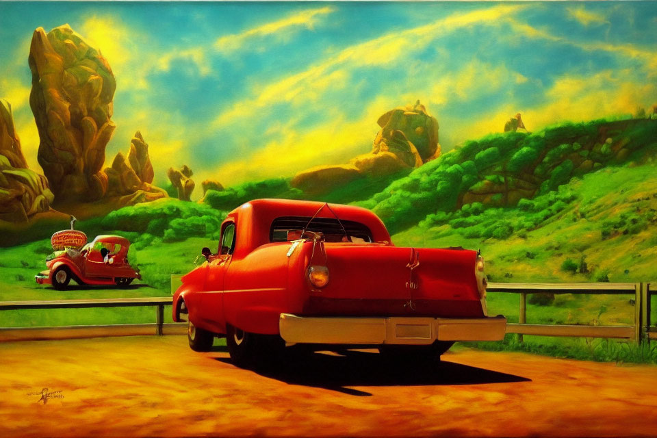 Vintage red pickup truck parked by rocky outcrops and green hills - serene countryside scene