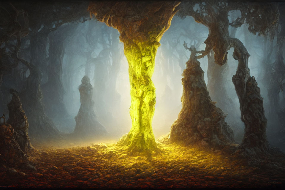 Ethereal forest scene with radiant illuminated tree surrounded by shadowy twisted trees