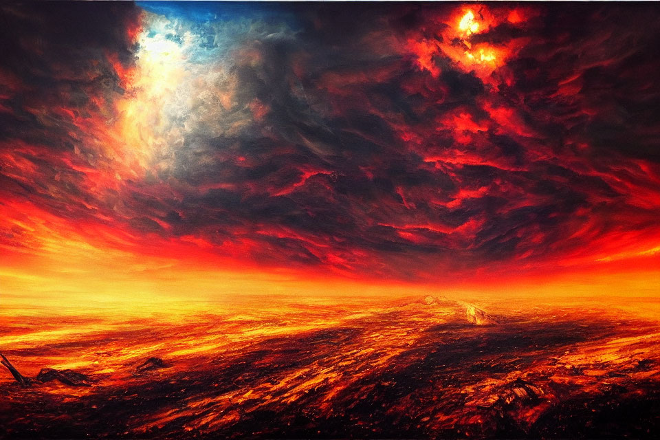 Vibrant red and orange sky over swirling clouds and blue light on molten ground