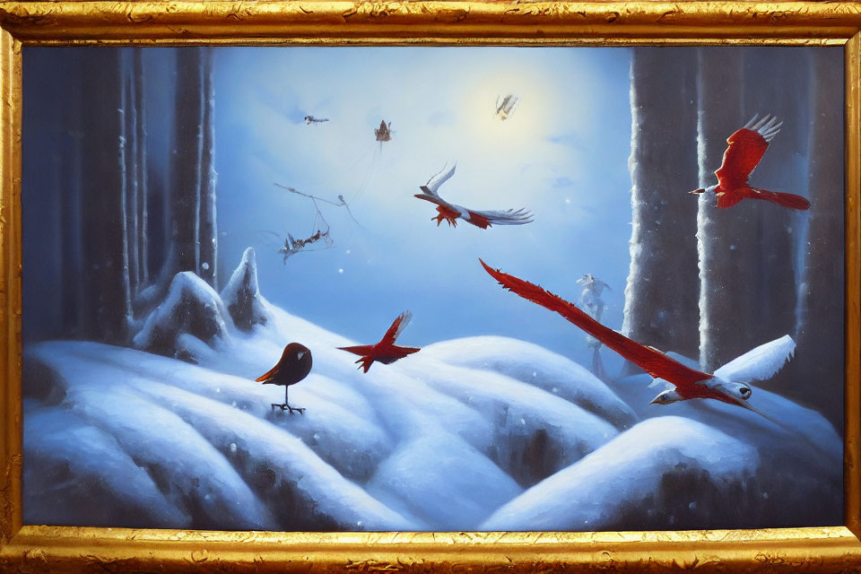 Birds in Snowy Forest: Golden Framed Painting