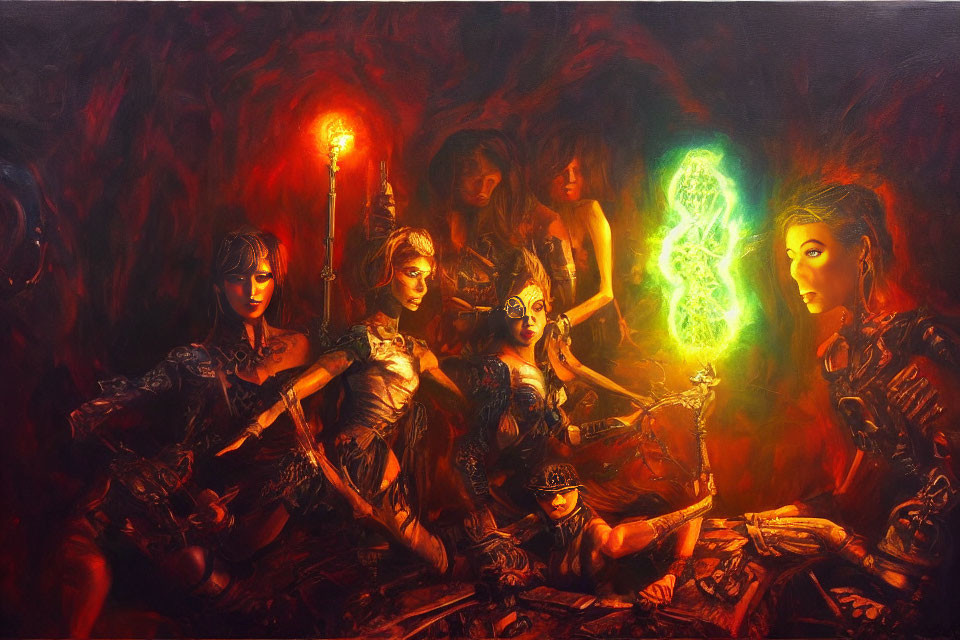 Fantasy scene: Armed warrior women in dark cave with fiery and green light